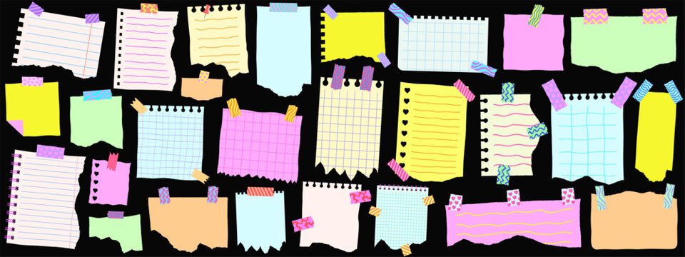 Sticky Notes Torn Page With Washi Tape Set Vector Design. Cool Notebook Sticker Paper Ripped Sheet.