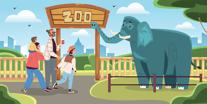Family in zoo. Parents with children visiting zoo park, watching wild exotic animals behind enclosure summer travel safari savanna animal scene, cartoon classy vector illustration