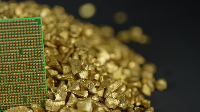 CPU or GPU in pile of gold nuggets display, concept of rear earth elements mining demand. Mining and AI global demand for REEs. Building of data centers and processing power for AI and LLMs.