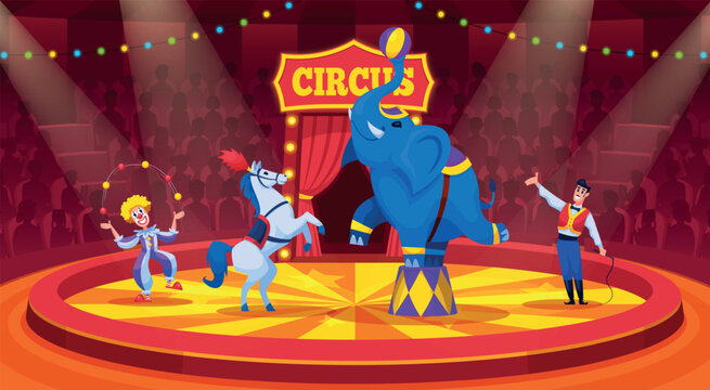 Circus show arena. Carnival fair concert inside cirque tent dome, amusement artist animals on stage performance audience spotlight lights, cartoon qualitative vector illustration