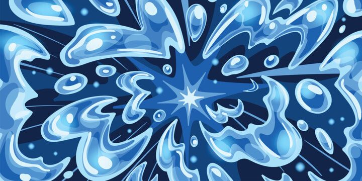 Water explosion background. Wave splash burst comic effect, blue liquid radial blast aqua boom anime manga action cartoon summer game splatter texture ingenious vector illustration