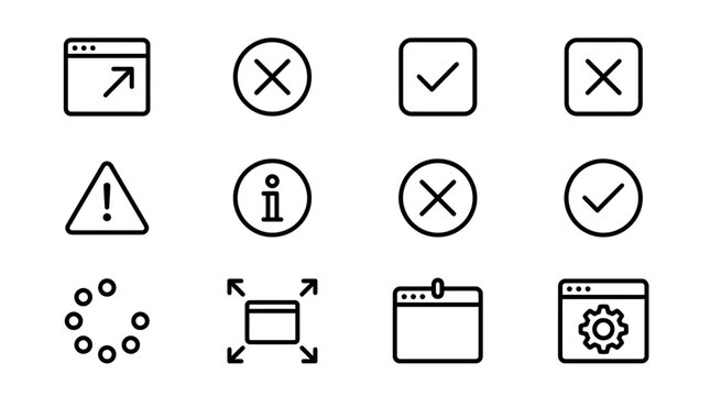 Collection of diverse line art user interface icons representing common digital actions, alerts, and settings for modern web and application design concepts