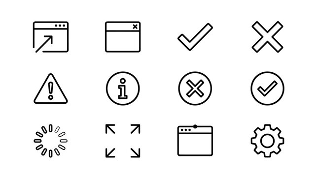 Essential outline icon collection for modern web and app user interfaces, featuring common UI elements like alerts, status indicators, browser windows, settings, and loading animation