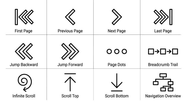 Modern collection of essential line icons for website and mobile application navigation, scrolling, and user interface design elements, providing clear directional controls