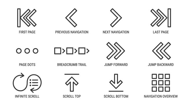 Comprehensive set of essential outline icons for modern user interface navigation, featuring various controls for pagination, scrolling, and directional movement within web and app designs