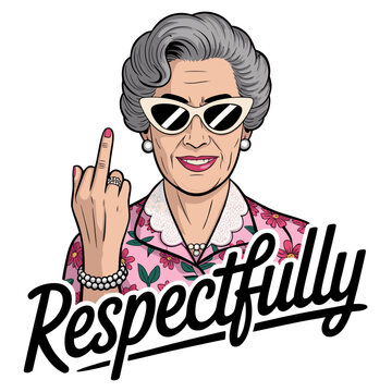 A stylized digital illustration of an elderly woman with gray hair in a 1950s fashion, wearing cat-eye sunglasses and a pink floral dress with a white lace collar