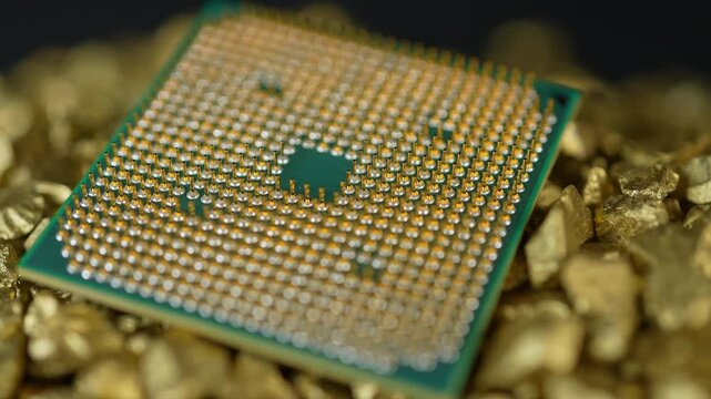 CPU in gold nuggets, concept of semiconductor and microchips shortage along with sanctions and geopolitical tensions, critical mineral embargo and rear earth mining. Blockchain and bitcoin concept.