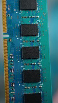 RAM stick with DRAM, Dynamic Random Access Memory chips. Core storage components holds data temporarily for quick CPU access. Storage of binary information using billions of capacitors and transistors