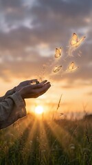 Naklejka premium Hands releasing glowing butterflies at sunset in meadow symbolizing freedom, transformation, hope, spiritual growth, letting go, new beginnings concept.