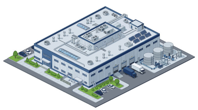 Isometric view of a modern industrial warehouse with loading docks, trucks, solar panels, and water tanks, representing logistics and manufacturing operations