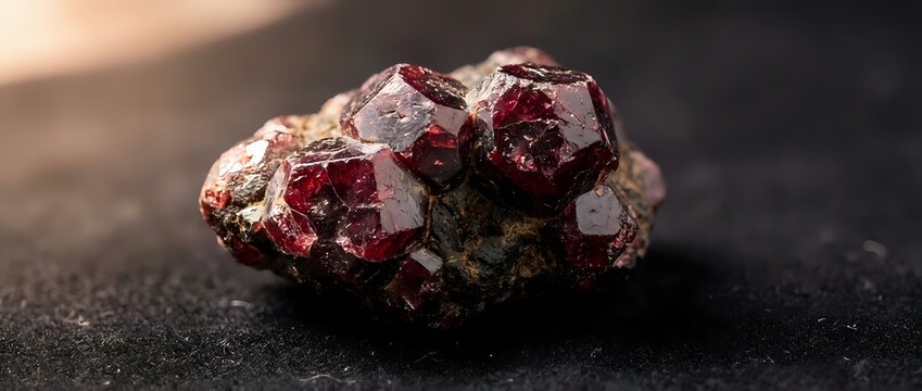Raw red garnet crystal cluster with deep burgundy faceted gemstones on dark surface, natural mineral specimen for jewelry making and geological collection.