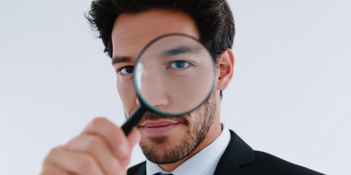 A man using a magnifying glass, focusing on a specific detail, enhancing the image