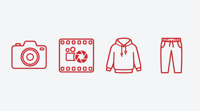 Camera filmstrip hoodie and pants icons isolated on white background