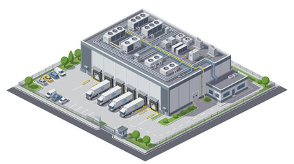 Obraz premium Isometric vector illustration of a modern industrial logistics warehouse with loading docks, trucks, and office, for efficient supply chain distribution