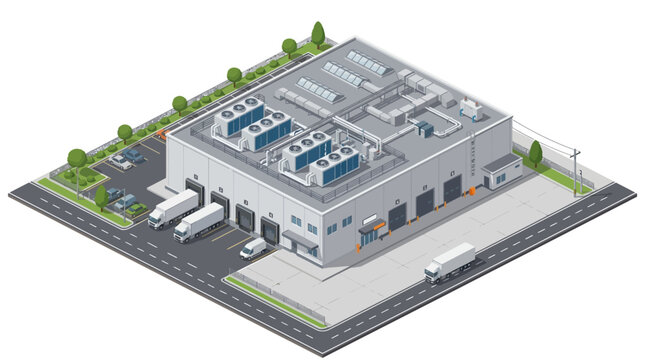 Isometric modern industrial building for data center or logistics operations. Features advanced infrastructure, delivery trucks, and secure facilities
