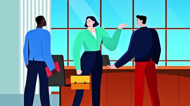 Business meeting with team discussing project in office, collaboration and strategy planning concept, corporate animation scene