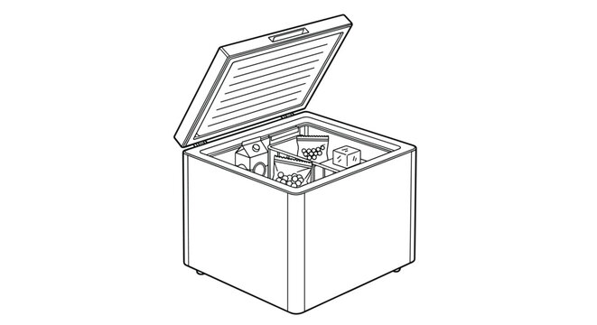Detailed line-art illustration of an open chest freezer with a grid-like lid and organized frozen food packages inside sits on a clean white background.