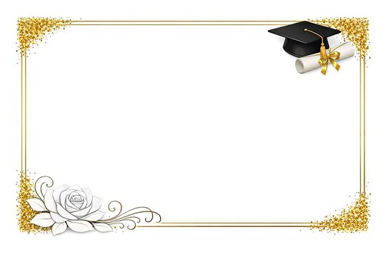 An elegant certificate frame with golden glitter corners, a graduation cap, and a white rose