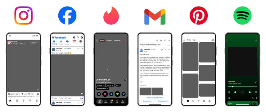 Modern mobile UI concepts inspired by Instagram, Facebook, Tinder, Gmail, Pinterest and Spotify apps.