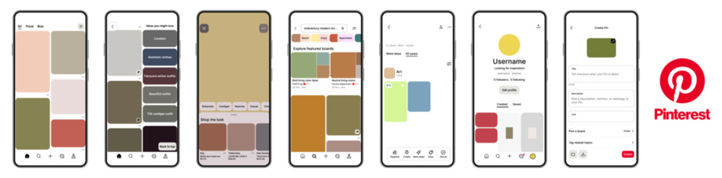 Pinterest mobile app UI concept showing inspiration boards, profile and pin creation interface design.