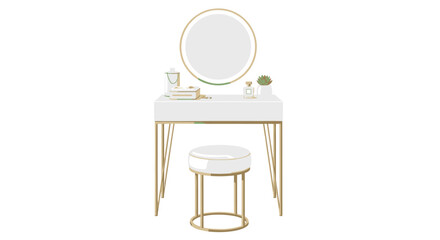 Fototapeta premium A white vanity table with elegant gold legs, a round mirror, a small succulent, and a matching stool sits on a pristine and clean white background.