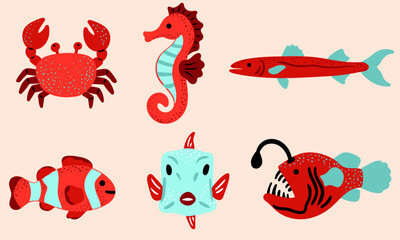 set vector drawn marine animals crab seahorse clownfish sunfish and anglerfish light pink background for kids educational decor © pani_Nadichka