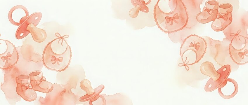 Soft watercolor baby pacifiers and booties in coral pink tones creating delicate border frame on light background for nursery designs and baby shower invitations.