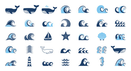 Fototapeta premium Extensive collection of diverse marine-themed icons featuring whales, rolling waves, sailboats, and lighthouses in various shades of blue and white tones.