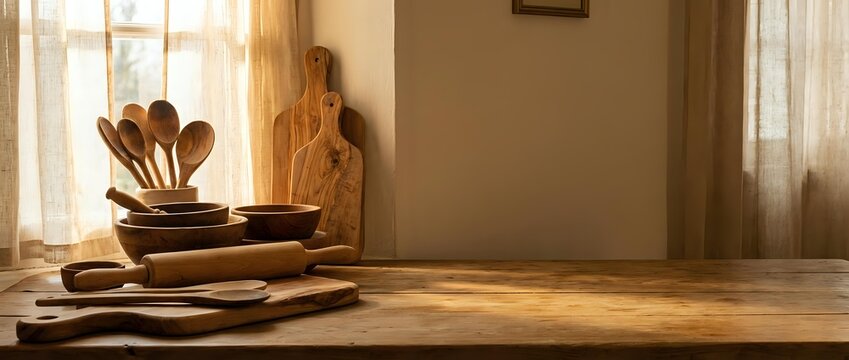 Warm sunlit kitchen counter with wooden bowls, cutting boards and utensils creating cozy cooking atmosphere for culinary backgrounds and food preparation.