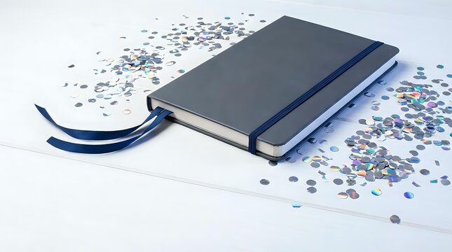Gray hardcover notebook with blue ribbon bookmark surrounded by colorful confetti on white background for celebration planning and journaling.