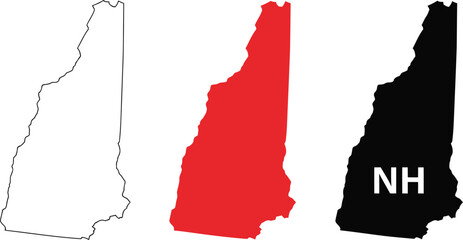 Three distinct visual representations of the new hampshire state map outline on white background Vector