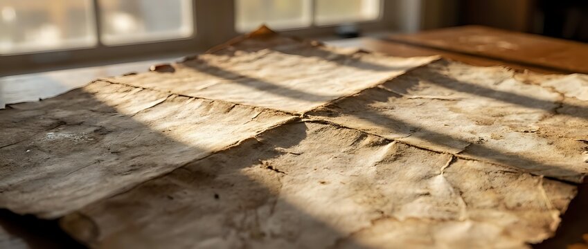 Ancient weathered parchment manuscripts with handwritten text scattered on wooden surface in warm sunlight for historical research and education.