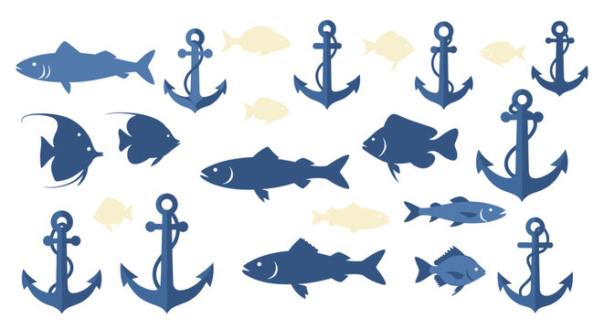 Blue nautical anchors and various fish silhouettes are arranged in a scattered pattern against a light cool-toned background with a crisp graphic finish.