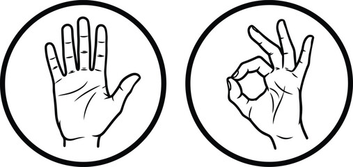 Fototapeta premium A black and white line art illustration showing a hand with open palm and an okay hand gesture Vector