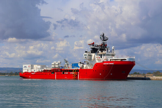 ORTEGIA SYRACUSE SICILY ITALY: Ocean Viking is a former Platform supply vessel used as a humanitarian ship chartered from July 2019 by the SOS M&eacute;diterran&eacute;e association.
