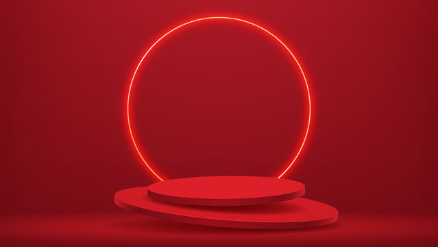 Two red levitating podium with gold neon circle for product presentation