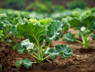 Naklejka premium Rows of healthy green kale plants growing in fertile soil under natural light in a cultivated agricultural field setting for fresh vegetable farming