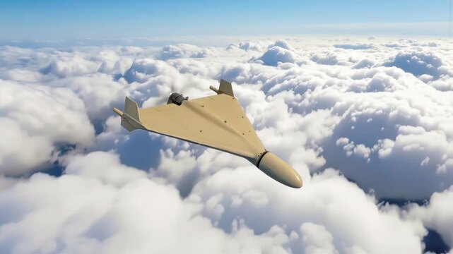 Delta wing attack drone flying above thick cloud layer. Military unmanned aerial vehicle in flight during daytime. Panning shot.
