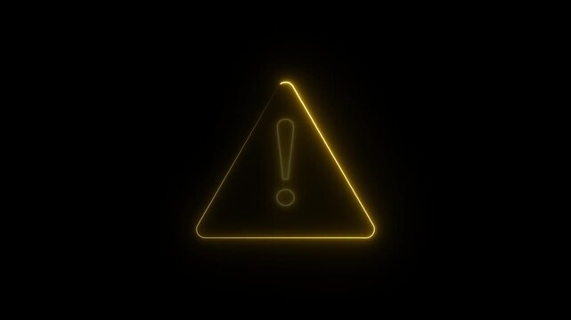 Glowing neon Warning attention icon signal on black background. Animation of alert icon , risk icon , safety icon, danger icon with exclamation looped animation. Emergency issue concept.