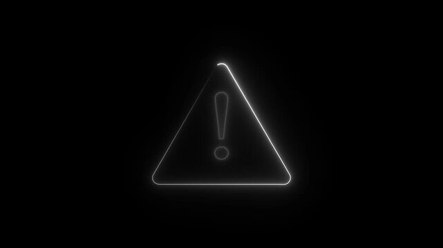 Glowing neon Warning attention icon signal on black background. Animation of alert icon , risk icon , safety icon, danger icon with exclamation looped animation. Emergency issue concept.