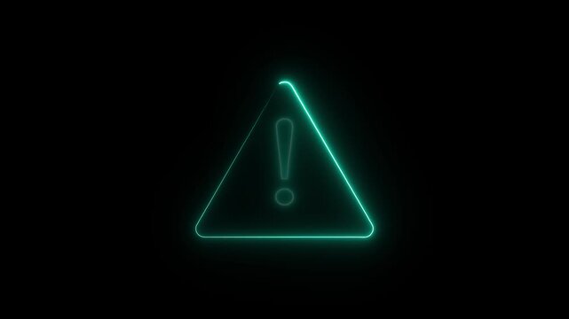 Glowing neon Warning attention icon signal on black background. Animation of alert icon , risk icon , safety icon, danger icon with exclamation looped animation. Emergency issue concept.
