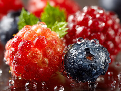 Close-up of fresh mixed red and blue berries covered in glistening water droplets showcasing vibrant textures and natural freshness on a reflective surface