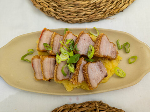 Gourmet, Typical Spanish dish called torreznos, consisting of deep-fried pork skin and savory fried crust