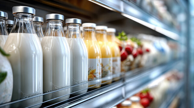 Supermarket refrigerated display cases stocked with milk, juices, dairy and potted herbs behind glass doors, showing a clean, modern cold storage aisle with abundant fresh choices