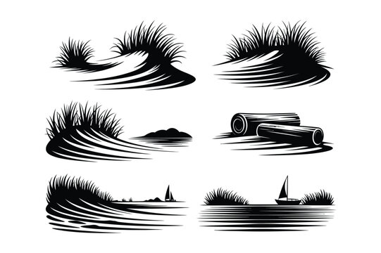 Vector illustration of grassy dunes and water elements in black and white