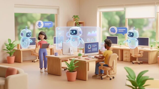 Animated robots and people collaborating in a modern office setting