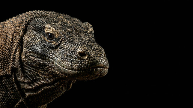 Detailed portrait of a Komodo dragon head with menacing eye and scaly skin, isolated on a black background with dramatic lighting and copy space