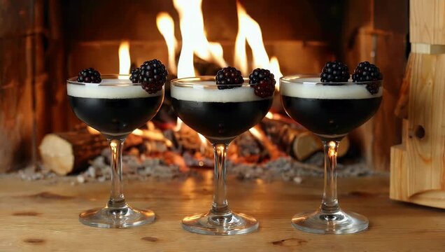 Luxurious 4K culinary still life featuring three blackberry cocktails with egg white foam on wood set against high quality warm fireplace background for cozy evening