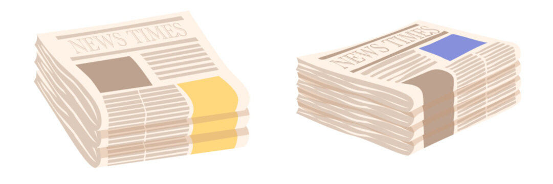 Cartoon set of newspaper stacks and paper piles with folded pages and headline areas isolated on white background for daily news media illustration journalism article design and vintage press concept