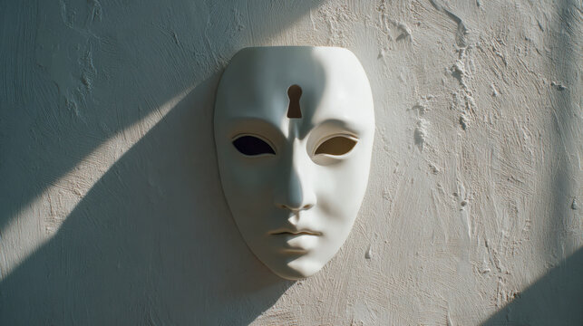 White mask with a keyhole on the forehead hanging on a textured wall with dramatic lighting creating mysterious shadows and an enigmatic expression